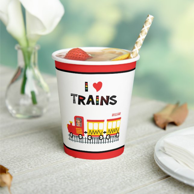 I Love Trains Colourful Kids Photo and Name Party Paper Cups (Insitu)