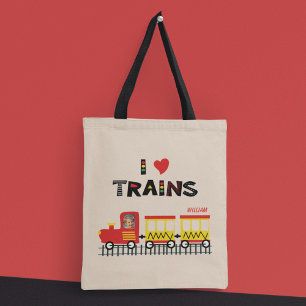I Love Trains Colourful Kids Photo and Name Tote Bag