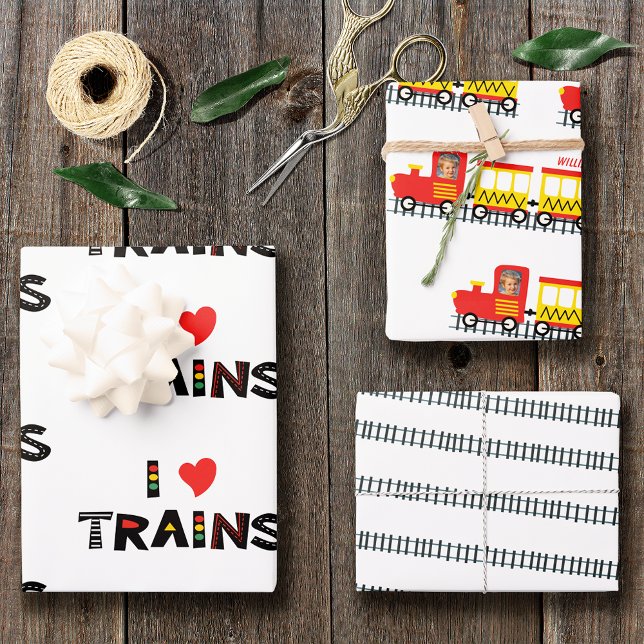 I Love Trains Kids Photo and Name Pattern Party Wrapping Paper Sheet (Creator Uploaded)