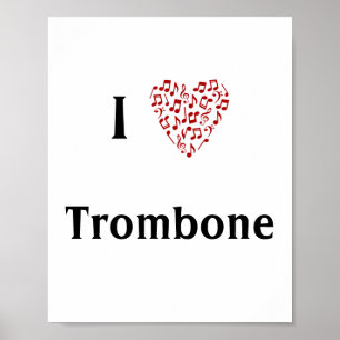 I Love Trombone Red Heart of Music Notes Poster