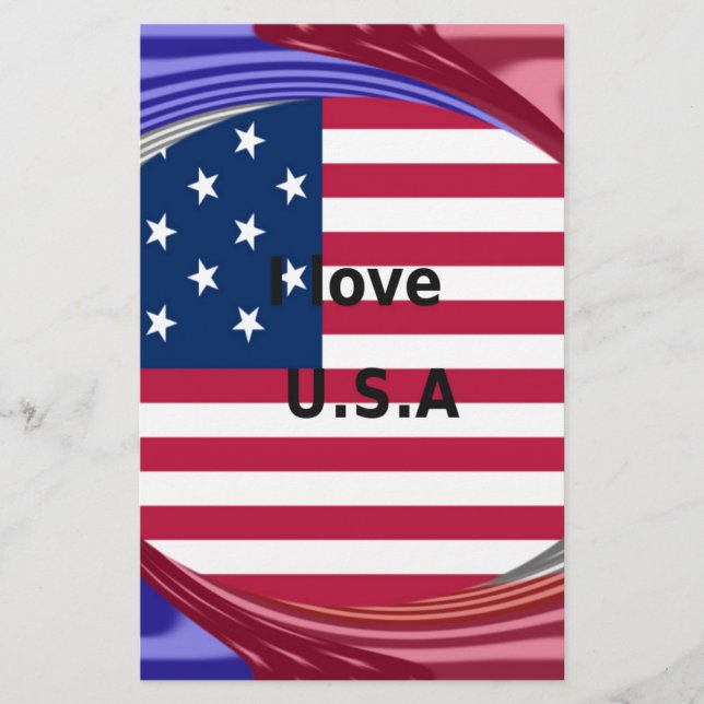I Love U.S.A. Swirl: Patriotic Heart Art Print  Stationery (Front)