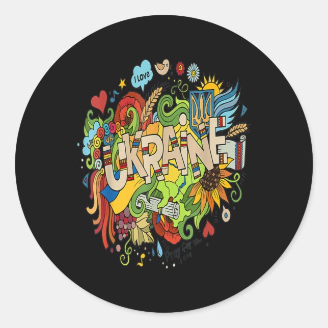 I love Ukraine Doodle with Ukrainian Flag Pray for Classic Round Sticker (Front)