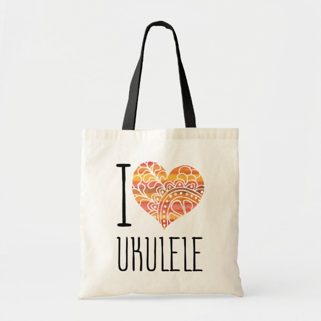 I Love Ukulele Orange Mandala Heart Tote Bag (Front)