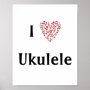 I Love Ukulele Red Heart of Music Notes Poster