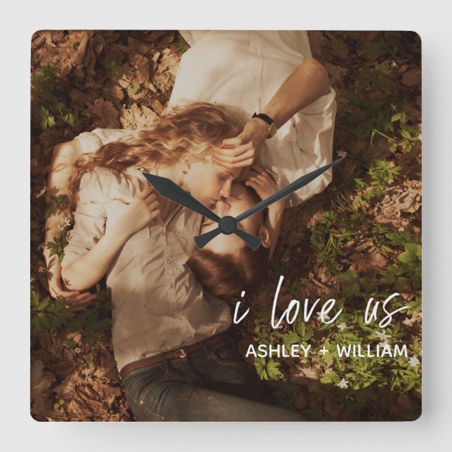 I Love Us Couple Quote Photo Names Square Wall Clock (Front)