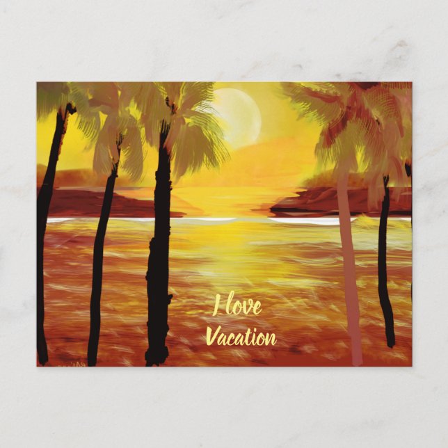 I Love Vacation Sunset Ocean PalmTrees Postcard (Front)
