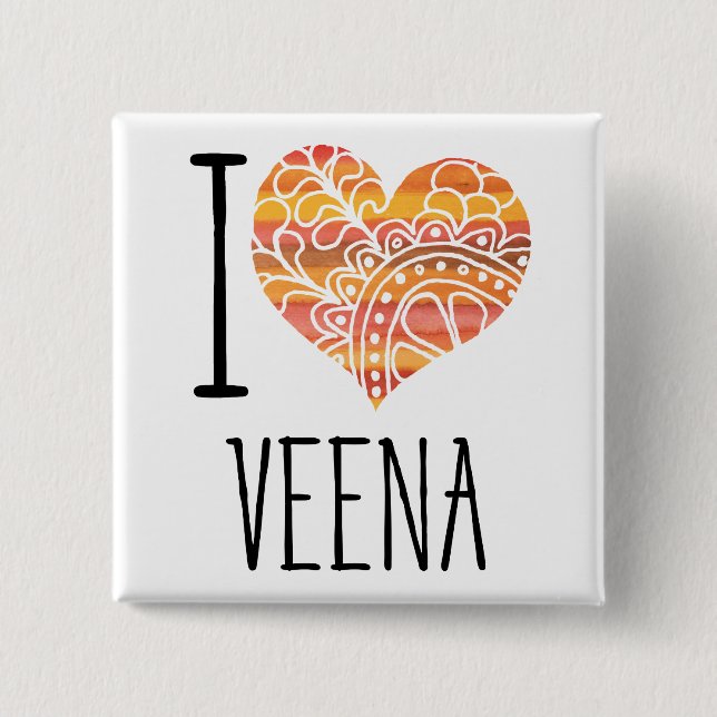 I Love Veena Orange Mandala Heart 15 Cm Square Badge (Front)