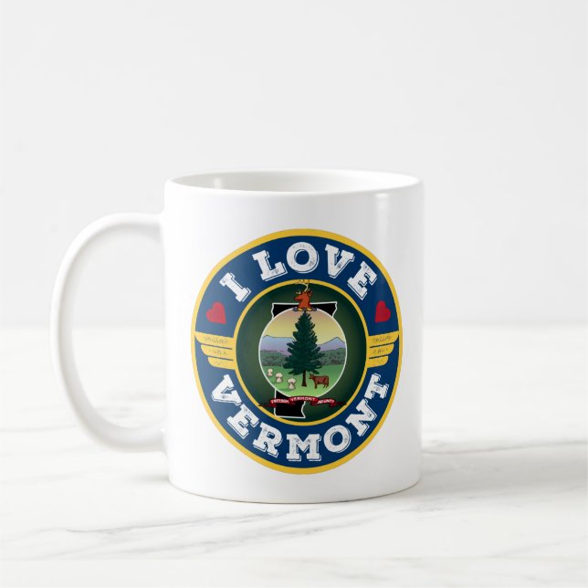I Love Vermont State Flag and Map Coffee Mug (Left)
