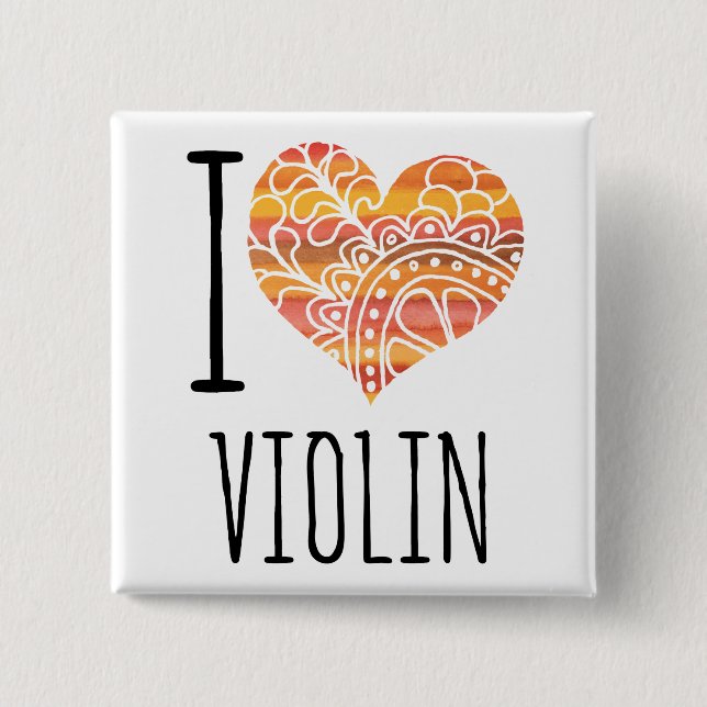 I Love Violin Orange Mandala Heart 15 Cm Square Badge (Front)