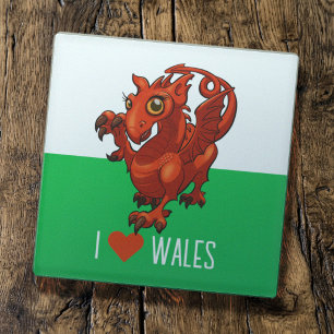 I Love Wales Flag Little Welsh Red Dragon Cartoon Glass Coaster
