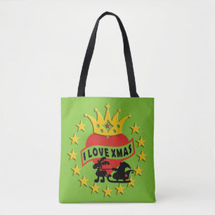 I love Xmas Banner with Heart, Crown & Santa Claus Tote Bag