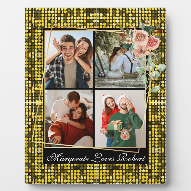 I LOVE YOU 4 Photo yellow GOLD Glitter Valentine's Plaque (Front)