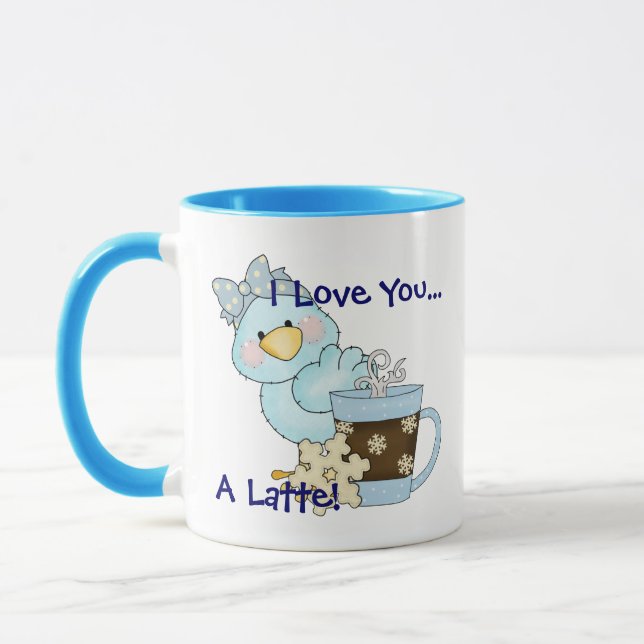 I LOVE YOU A LATTE Blue Bird Winter Coffee Mug (Left)