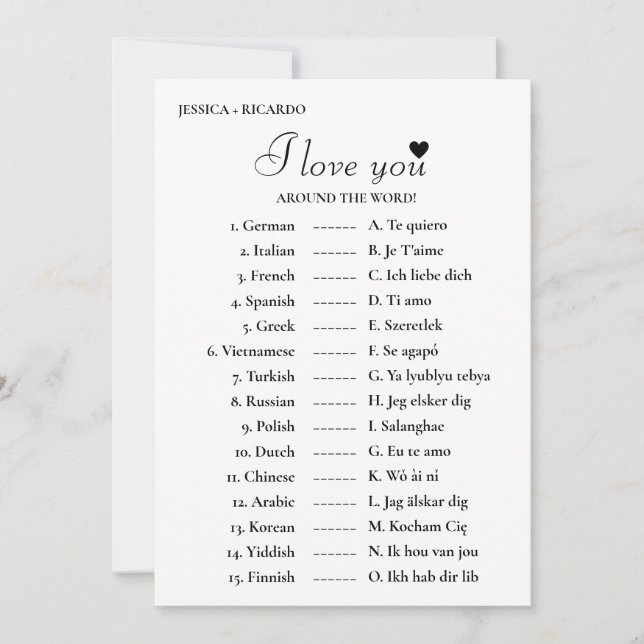  I love you around the world bridal shower game Card (Front)