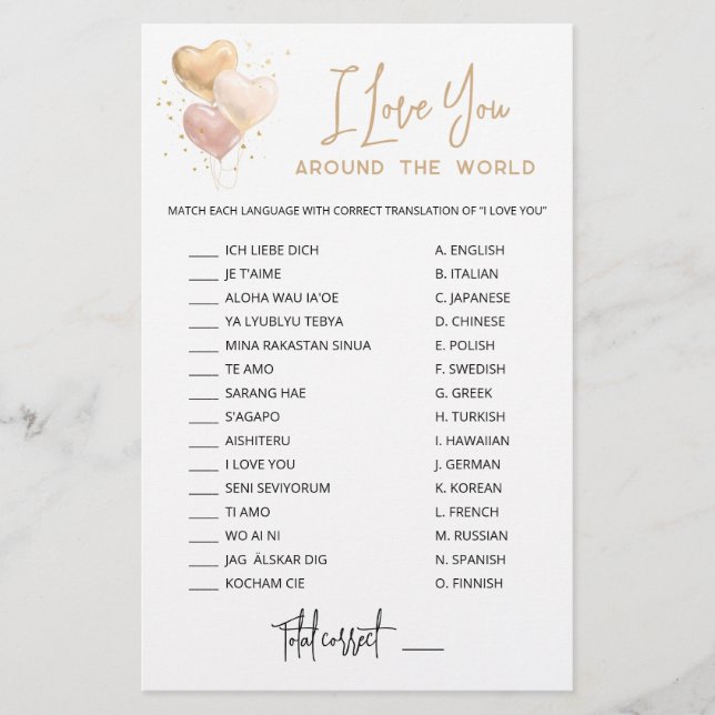 I love you around the world game with Answers (Front)