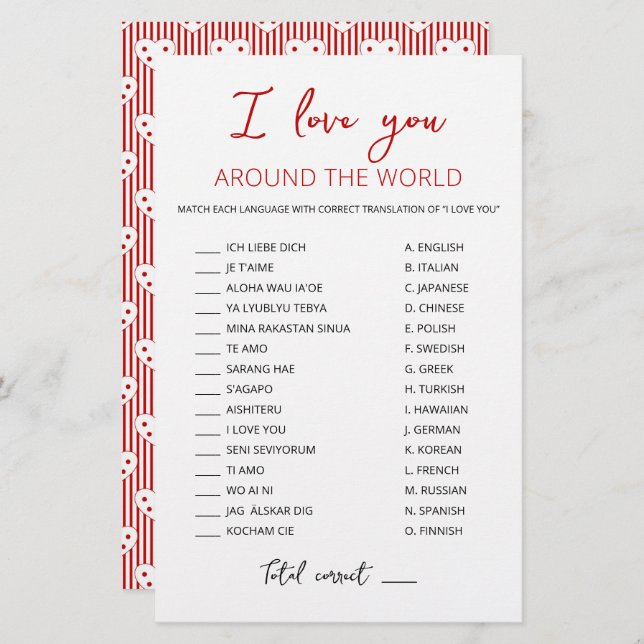 I love you around the world game with Answers (Front/Back)