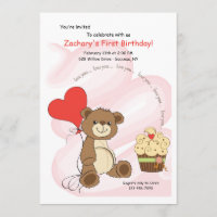I love You Bear First Birthday Invitation