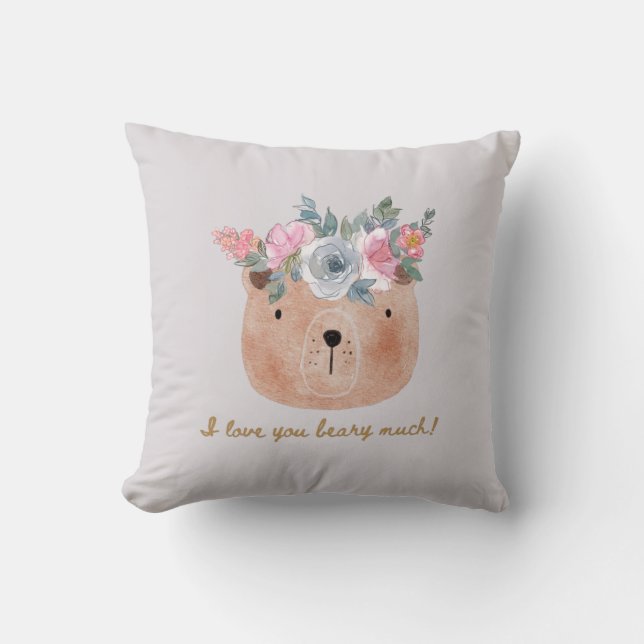 I love you beary much! Bear with Floral Wreath Cushion (Front)