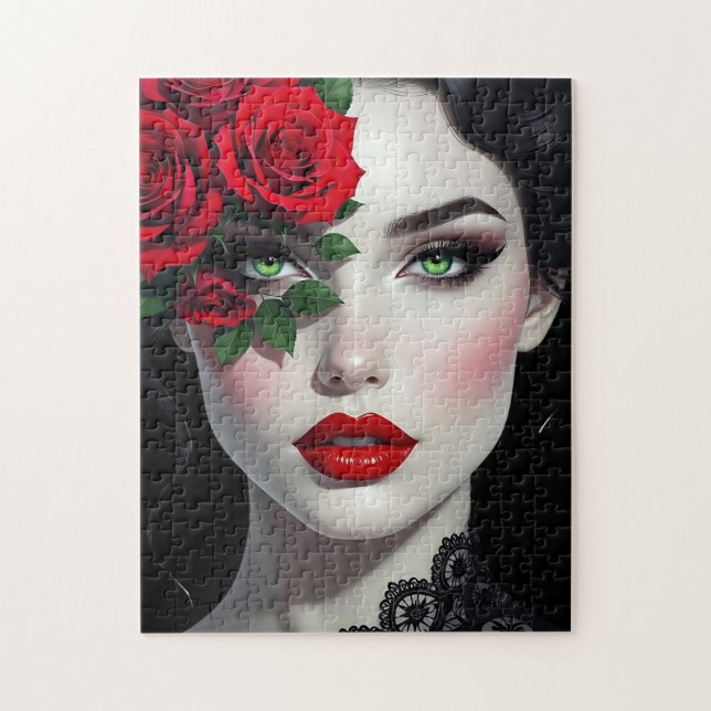 I Love You | Beautiful Woman with Red Rose Jigsaw Puzzle (Vertical)