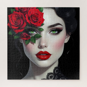 I Love You Beautiful Woman with Red Rose Jigsaw Puzzle