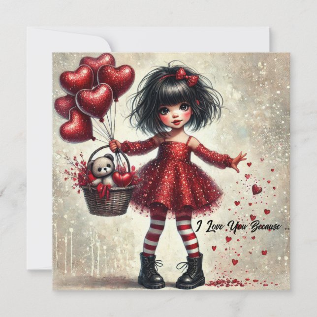 I love you because little girl red glitter hearts holiday card (Front)