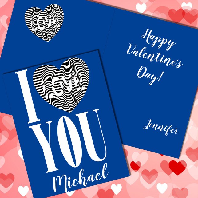 I love you black and white striped heart on blue holiday card (Creator Uploaded)