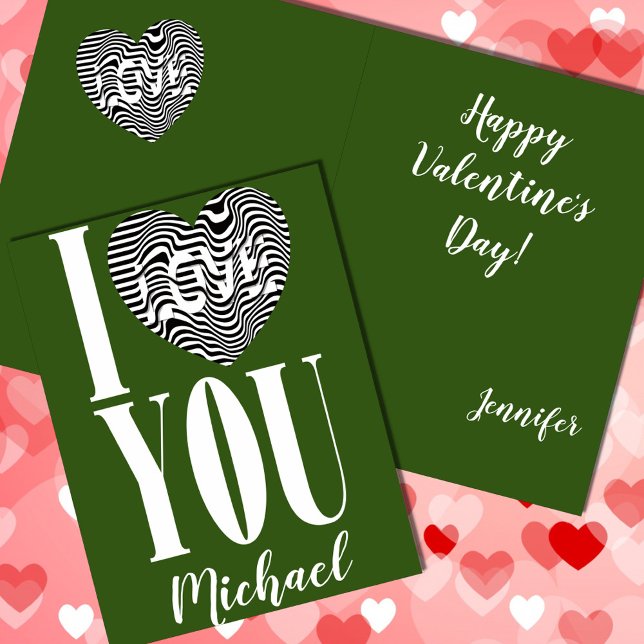 I love you black and white striped heart on green holiday card (Creator Uploaded)