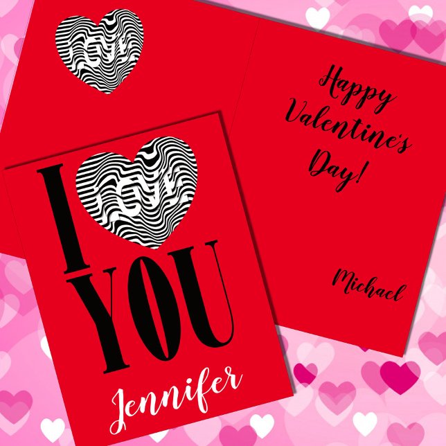 I love you black and white striped heart on red holiday card (Creator Uploaded)