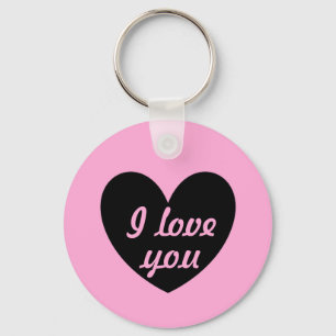 "I love you" Black heart on cotton candy pink Key Ring