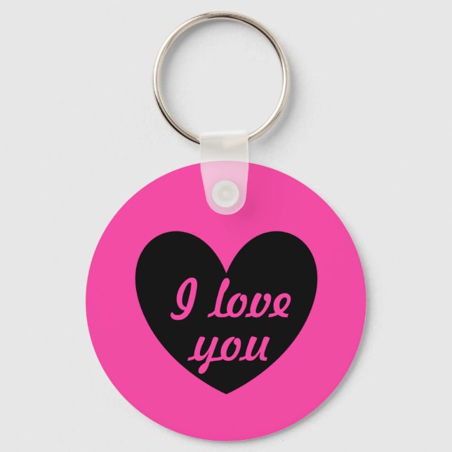 "I love you" black heart on fuchsia Key Ring (Front)