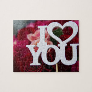 I Love You Block Text Heart on Red Roses Photo Jigsaw Puzzle