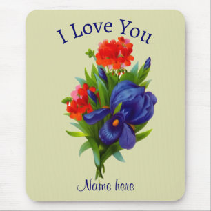 I Love You Blue Iris Flower Bouquet Personalised Mouse Pad