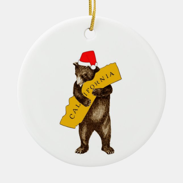 I Love You California Bear with Santa Hat Ceramic  Ornament (Front)