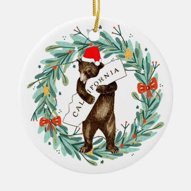 I Love You California Bear with Santa Hat Ceramic Ornament (Front)