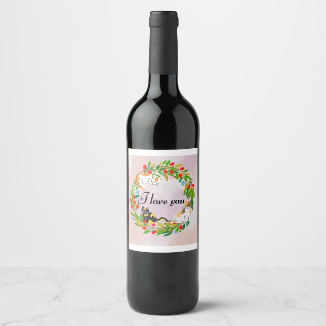 "I Love You" Cat Wreath Wine Bottle Label (Front)