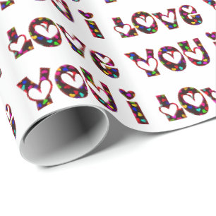 I Love You Colourful Romantic Hearts Typography Wrapping Paper