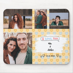 I love you Couple Photo Collage Yellow Hearts Mouse Pad