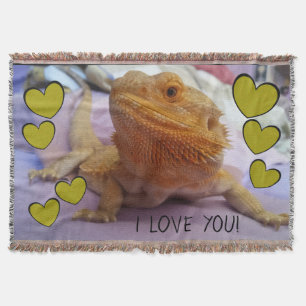 I LOVE YOU Cute Bearded Dragon and Hearts Throw Blanket