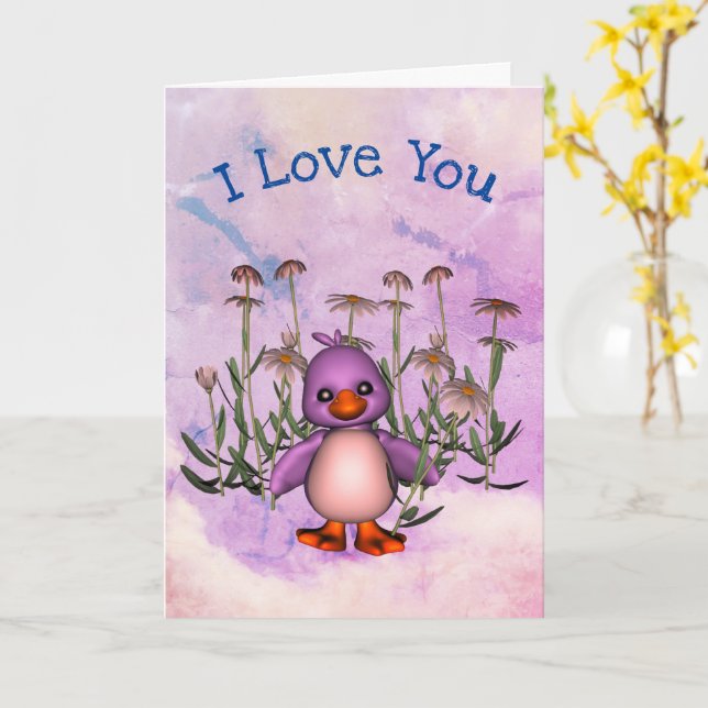 I Love You Cute Bird Daisies Personalised Card (Yellow Flower)
