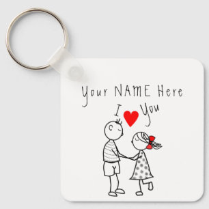 I Love You - Cute Couple - Custom Text / Name Key Ring