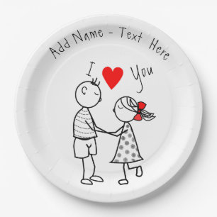 I Love You - Cute Couple - Custom Text / Name Paper Plate