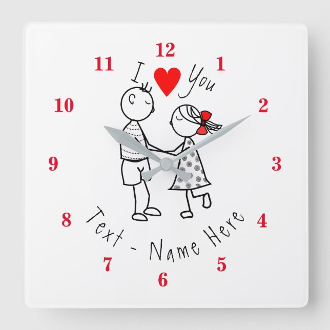 I Love You - Cute Couple - Custom Text / Name Square Wall Clock (Front)