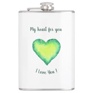 I Love You Cute Green and Blue Heart Birthday     Hip Flask
