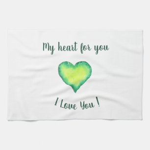 I Love You Cute Green and Blue Heart Birthday     Tea Towel