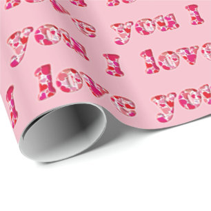 I Love You Cute Romantic Pink Hearts Typography Wrapping Paper