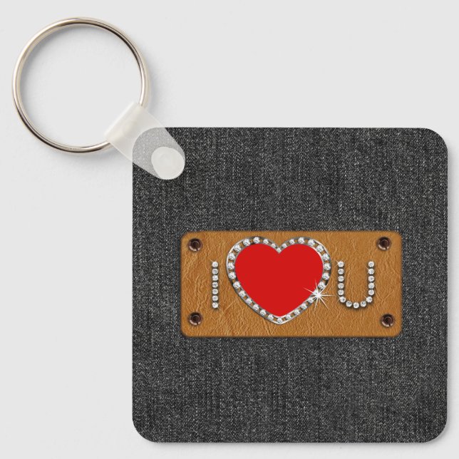 I Love You. Denim Pattern Valentine's Day Gift  Key Ring (Front)