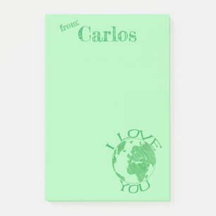 I Love You Earth, Sketch, Green Personalised Post- Post-it Notes