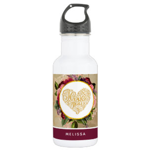 I Love You Fancy Golden Heart with Floral Frame 532 Ml Water Bottle
