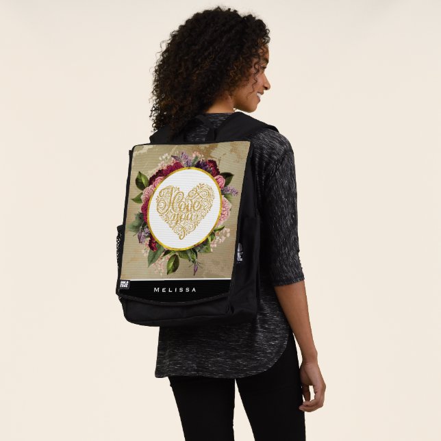I Love You Fancy Golden Heart with Floral Frame Backpack (Worn)