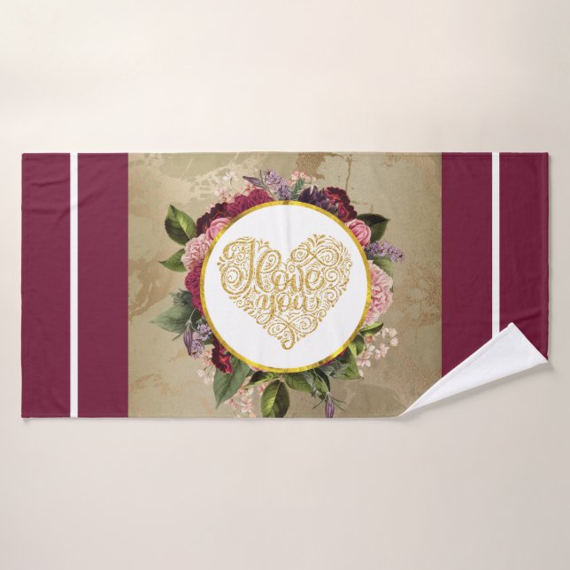 I Love You Fancy Golden Heart with Floral Frame Bath Towel Set (Bath Towel)